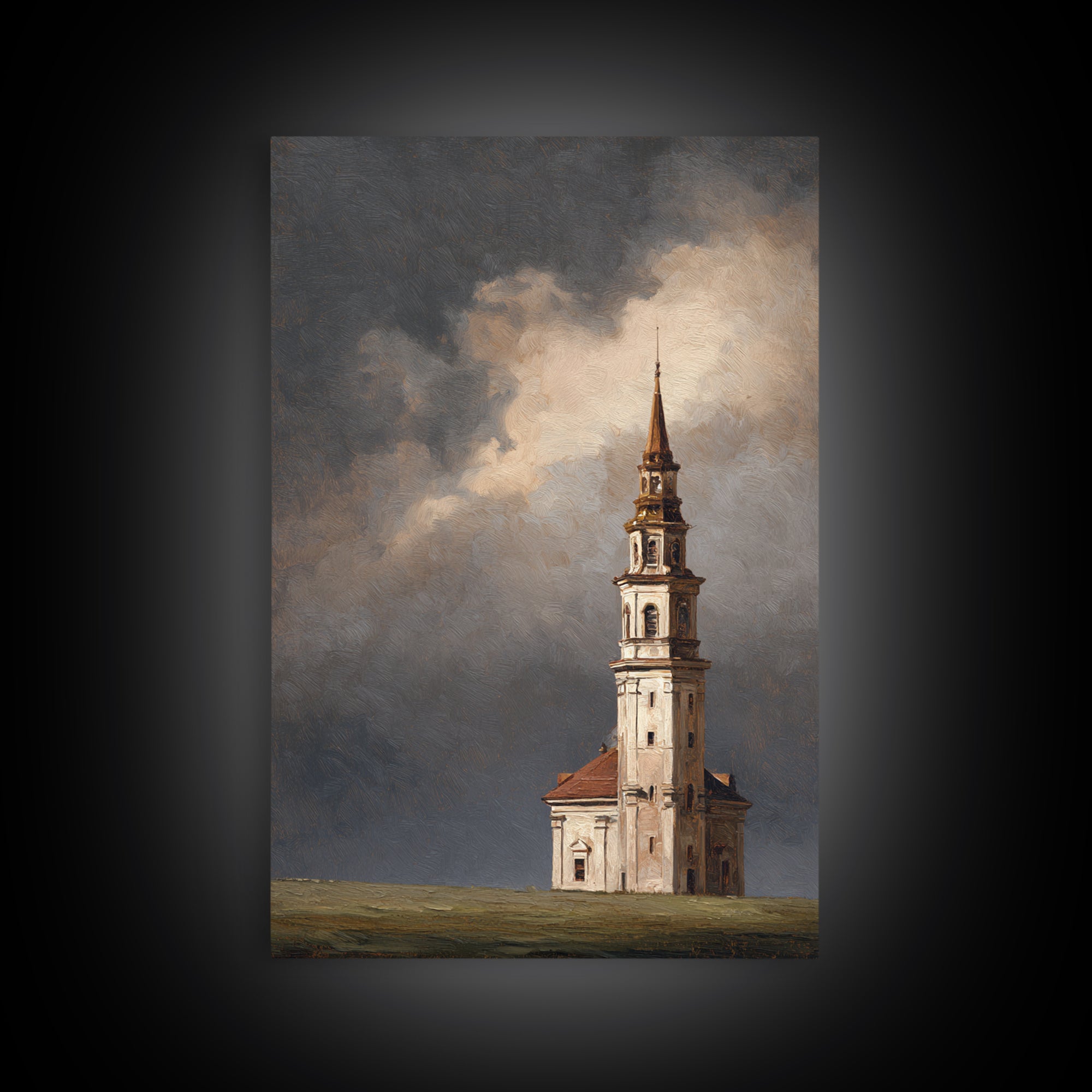 Church Steeple Across Rural Meadow Framed Canvas Print, Traditional Art, Japanese Art, Living Room Decor, Fine Art, Classic, TRA-2x3-93