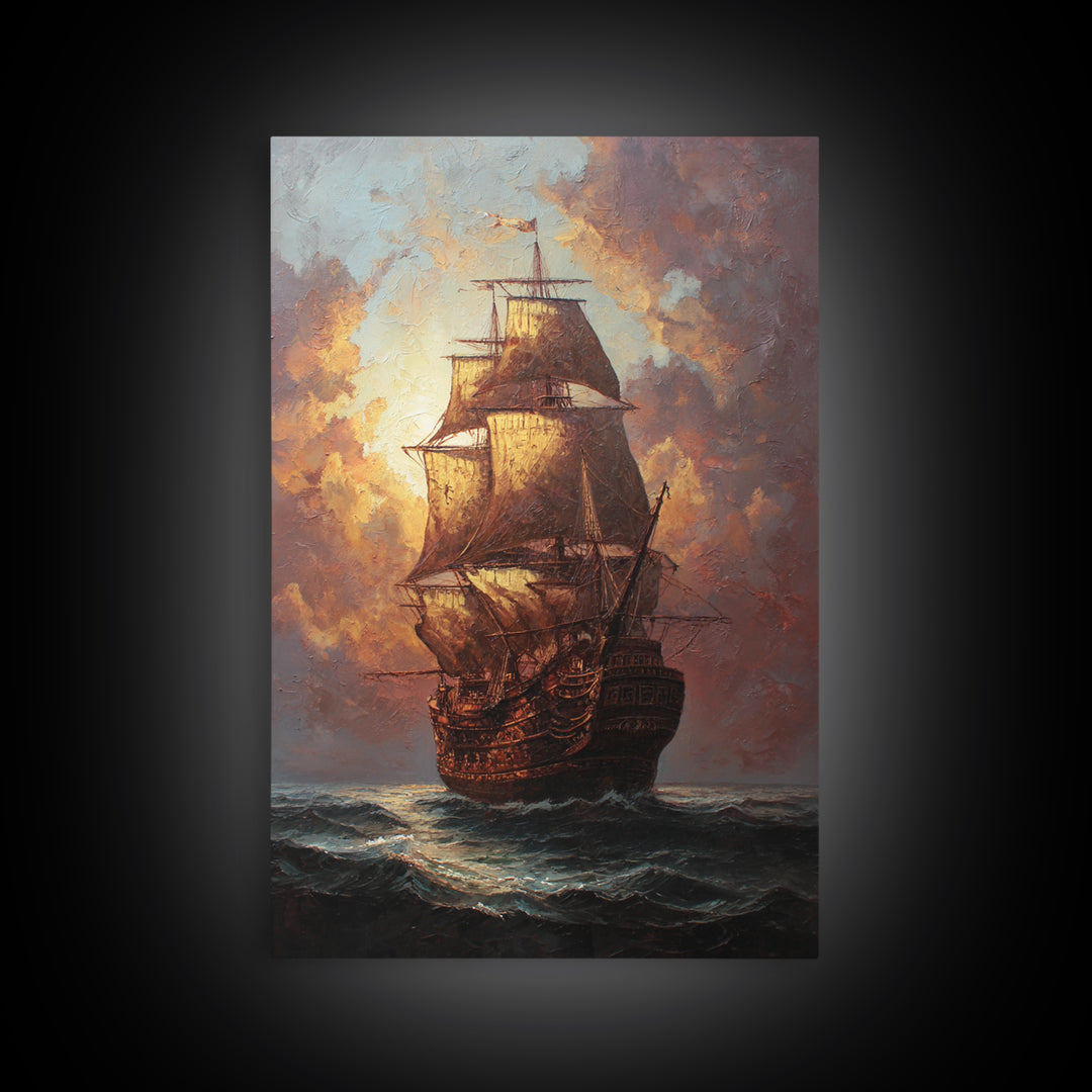 Ship at Sea Framed Canvas Print, Traditional Art, Original Art, Living Room Decor, Fine Art, Classic, Landscape, Indian Art, TRA-2x3-94