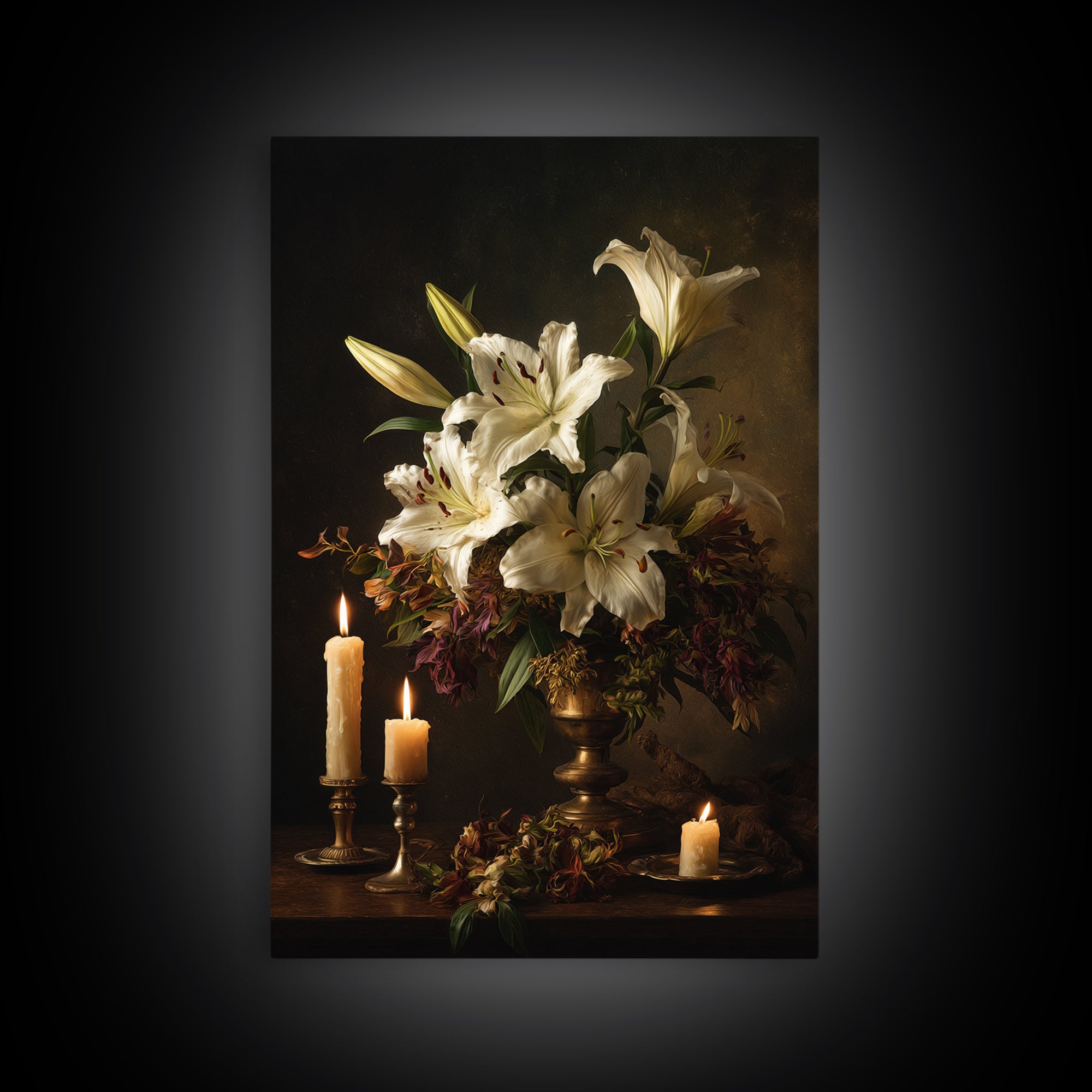 White Lilies on Dark Background Canvas Print, Traditional Art, Dark Art, Living Room Decor, Oil Painting, Classic, TRA-2x3-95