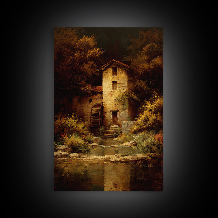 Watermill Beside a Quiet Stream Framed Canvas Print, Traditional Art, Canvas Print, Living Room Decor, Fine Art, Classic, TRA-2x3-97