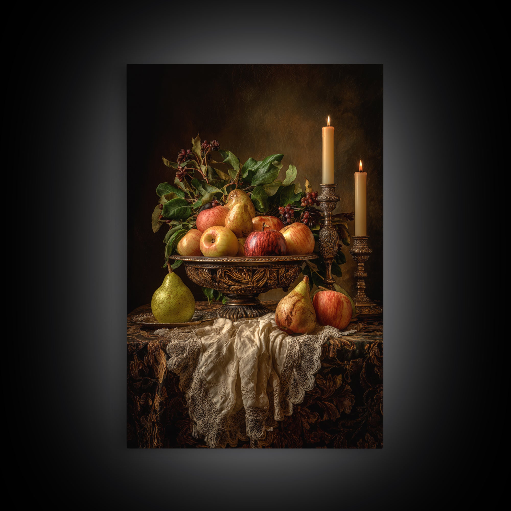 Basket of Apples and Pears on Linen Framed Canvas Print, Traditional Art, Canvas, Living Room Decor, Abstract Art, Classic, TRA-2x3-98