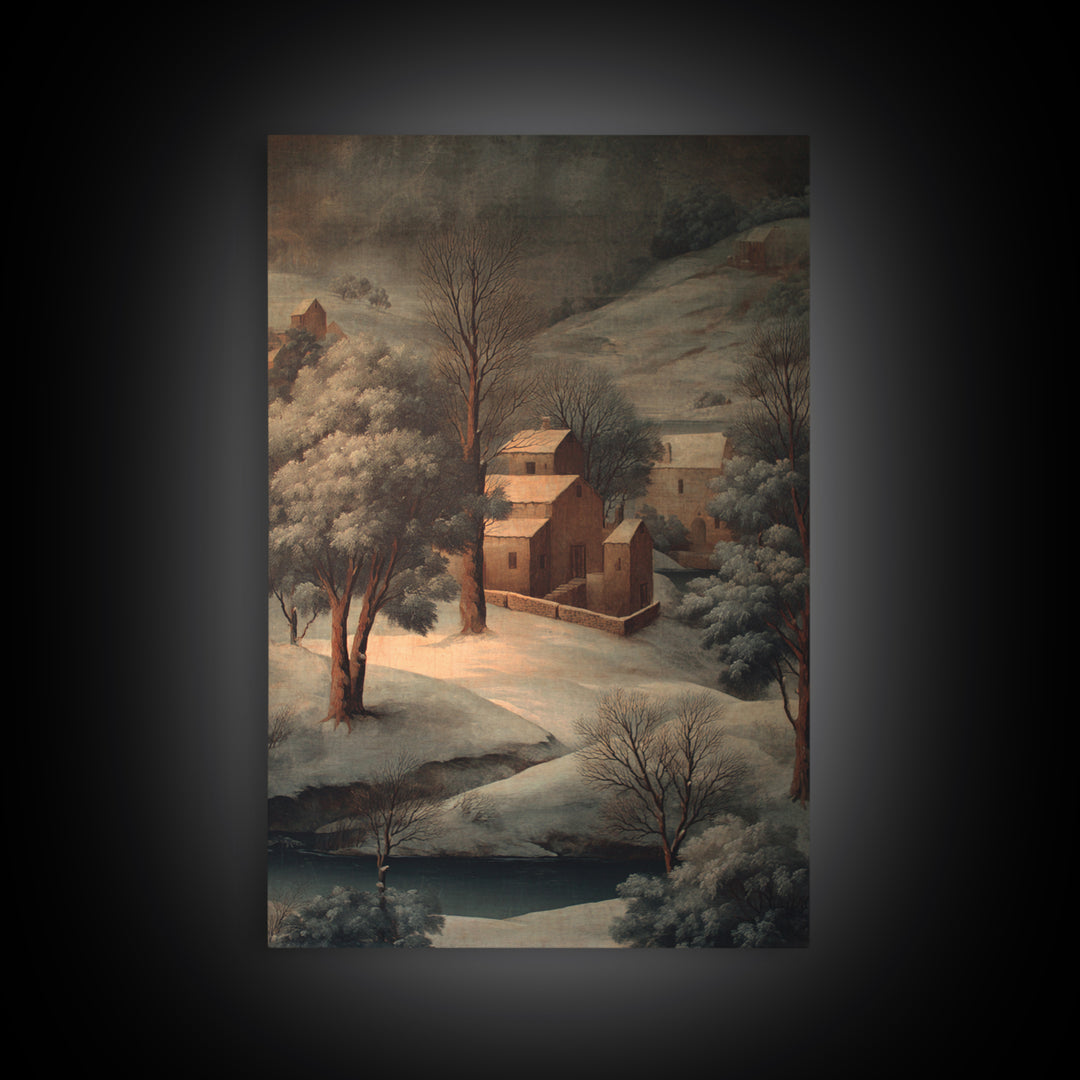 Snowy Village Landscape at Twilight Canvas Print, Traditional Art, Japanese Decor, Living Room Decor, Fine Art, Classic, TRA-2x3-99
