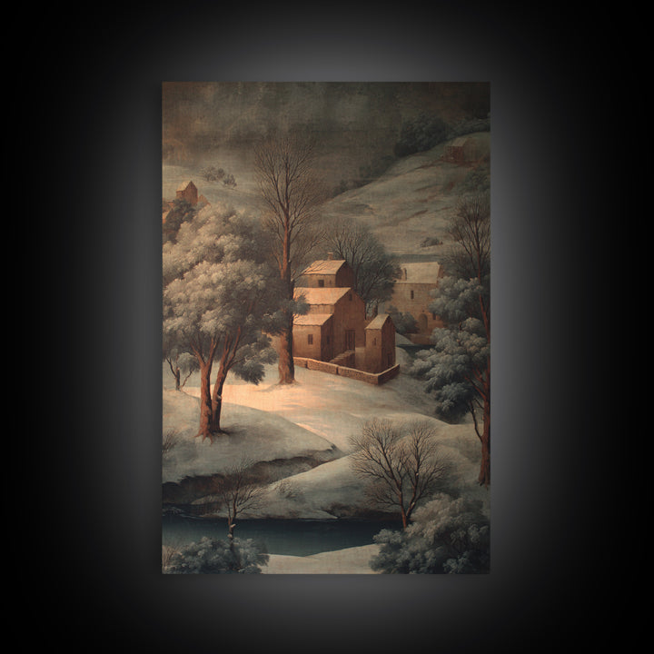 Snowy Village Landscape at Twilight Canvas Print, Traditional Art, Japanese Decor, Living Room Decor, Fine Art, Classic, TRA-2x3-99
