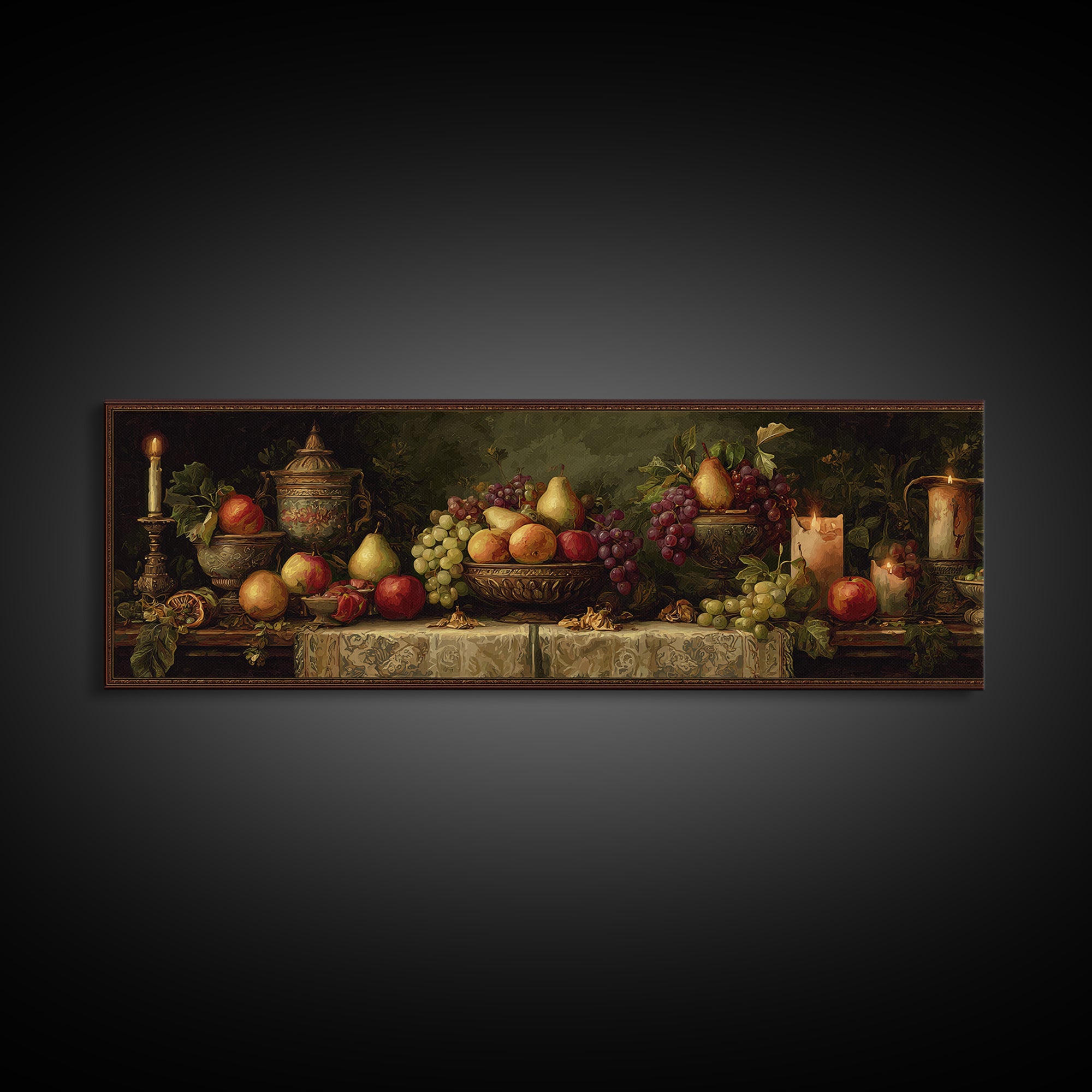 Basket of Apples and Pears on Linen Framed Canvas Print, Traditional Art, Decor, Living Room Decor, Abstract Art, Classic, TRA-3x1-10