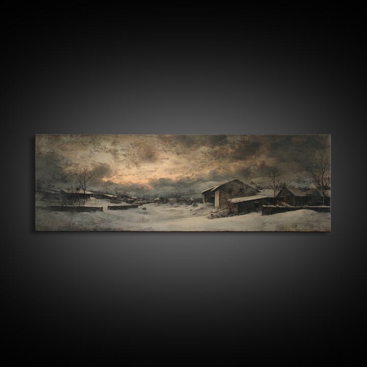 Snowy Village Landscape at Twilight Canvas Print, Traditional Art, Pokemon Poster, Living Room Decor, Watercolor Art, Classic, TRA-3x1-11