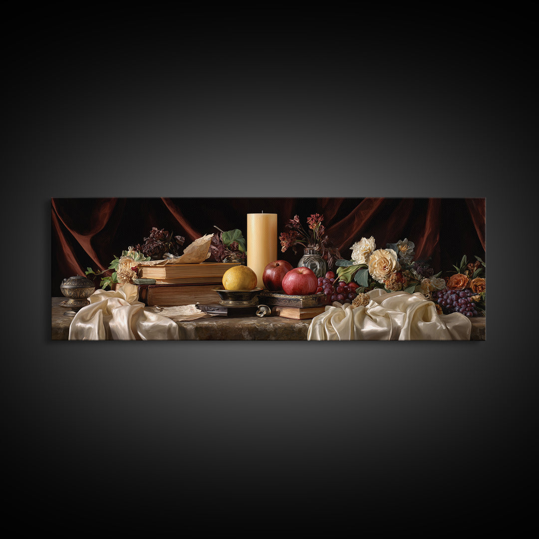 Still Life of Books Candle and Fruit Framed Canvas Print, Traditional Art, Indian Decor, Living Room Decor, Fine Art, Classic, TRA-3x1-12