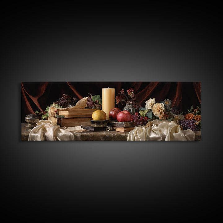 Still Life of Books Candle and Fruit Framed Canvas Print, Traditional Art, Indian Decor, Living Room Decor, Fine Art, Classic, TRA-3x1-12
