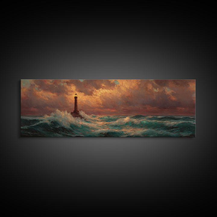 Lighthouse with Crashing Waves Canvas Print, Traditional Art, Art Commissions, Living Room Decor, Classic, Pokemon Poster, TRA-3x1-13
