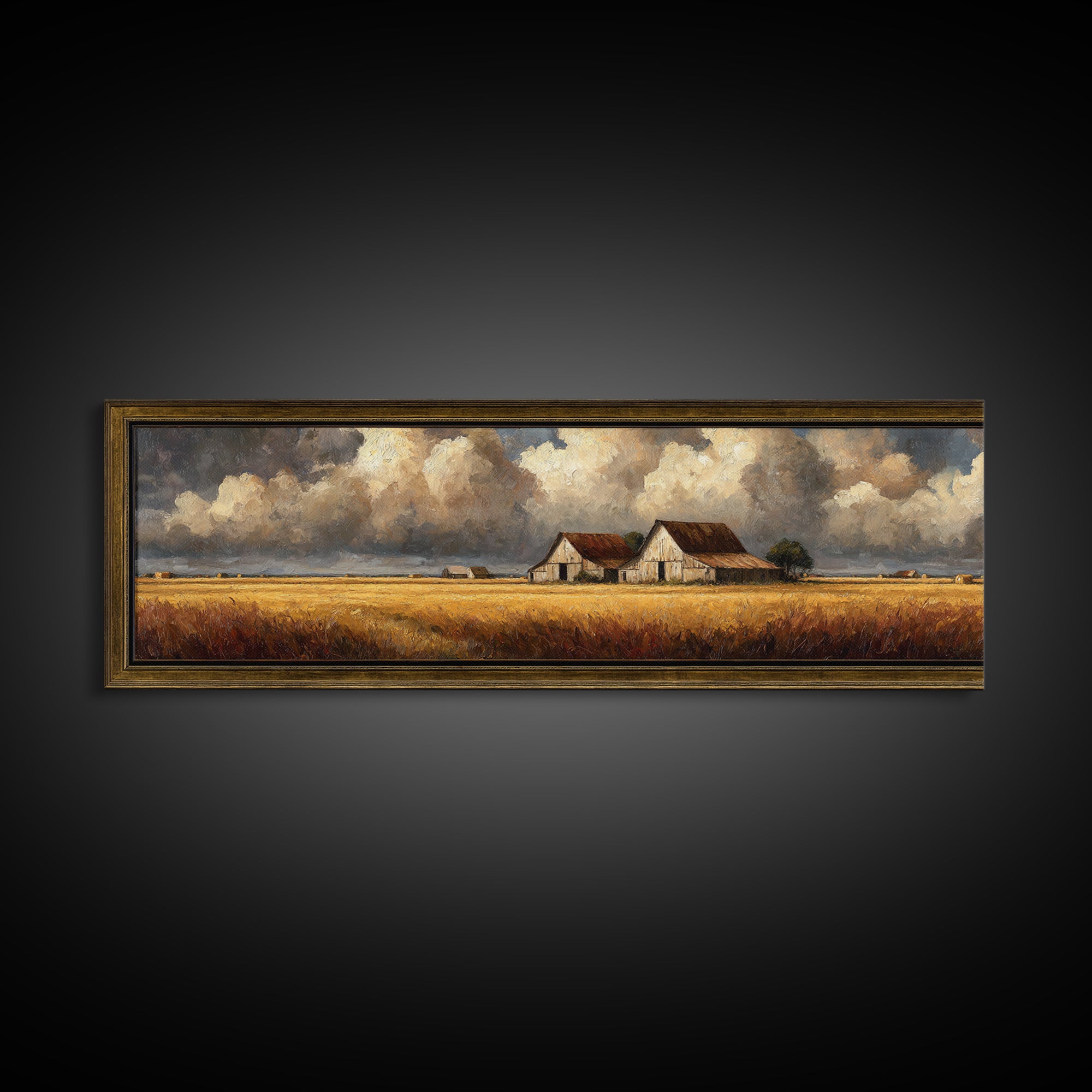Barn and Farmland Framed Canvas Print, Traditional Art, Gallery Decor, Living Room Decor, Fine Art, Classic, Wall Art, TRA-3x1-15