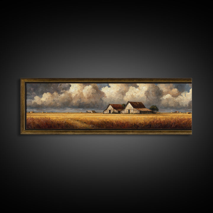 Barn and Farmland Framed Canvas Print, Traditional Art, Gallery Decor, Living Room Decor, Fine Art, Classic, Wall Art, TRA-3x1-15