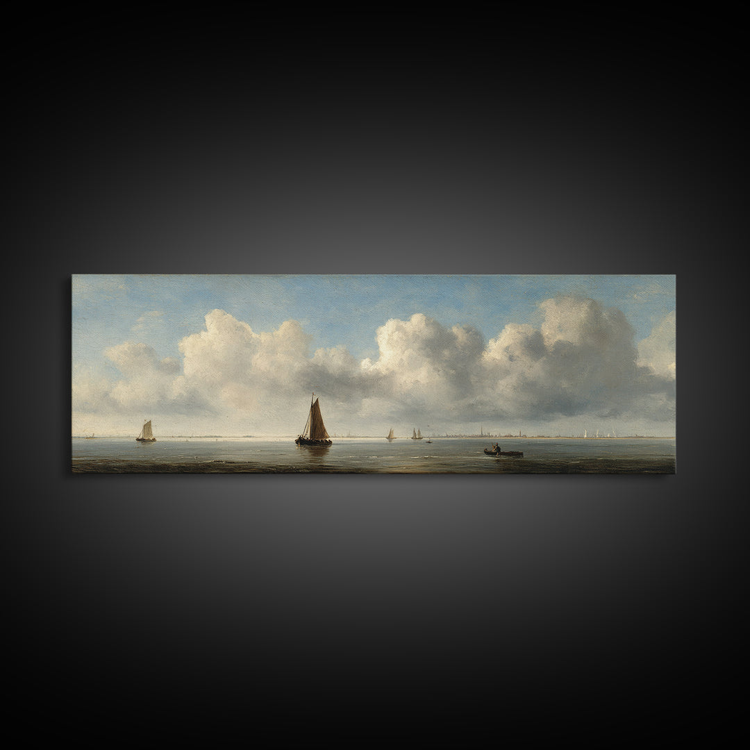 Seascape with Sailboats and Cloudy Sky Canvas Print, Traditional Art, Indian Decor, Living Room Decor, Fine Art, Classic, TRA-3x1-21
