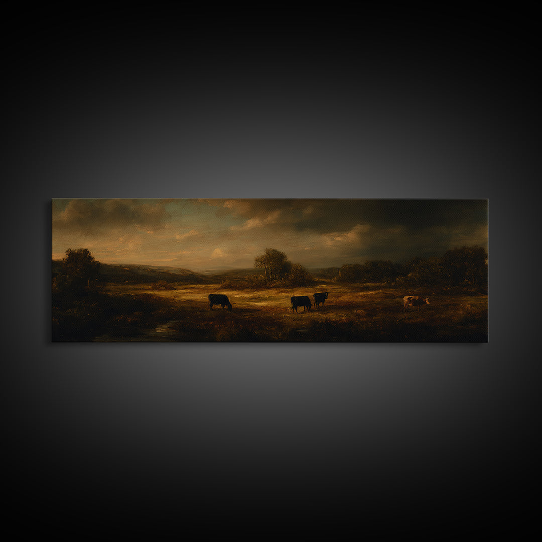 Pastoral Countryside with Cows in Field Framed Canvas Print, Traditional Art, Room Decor, Living Room Decor, Fine Art, Classic, TRA-3x1-23