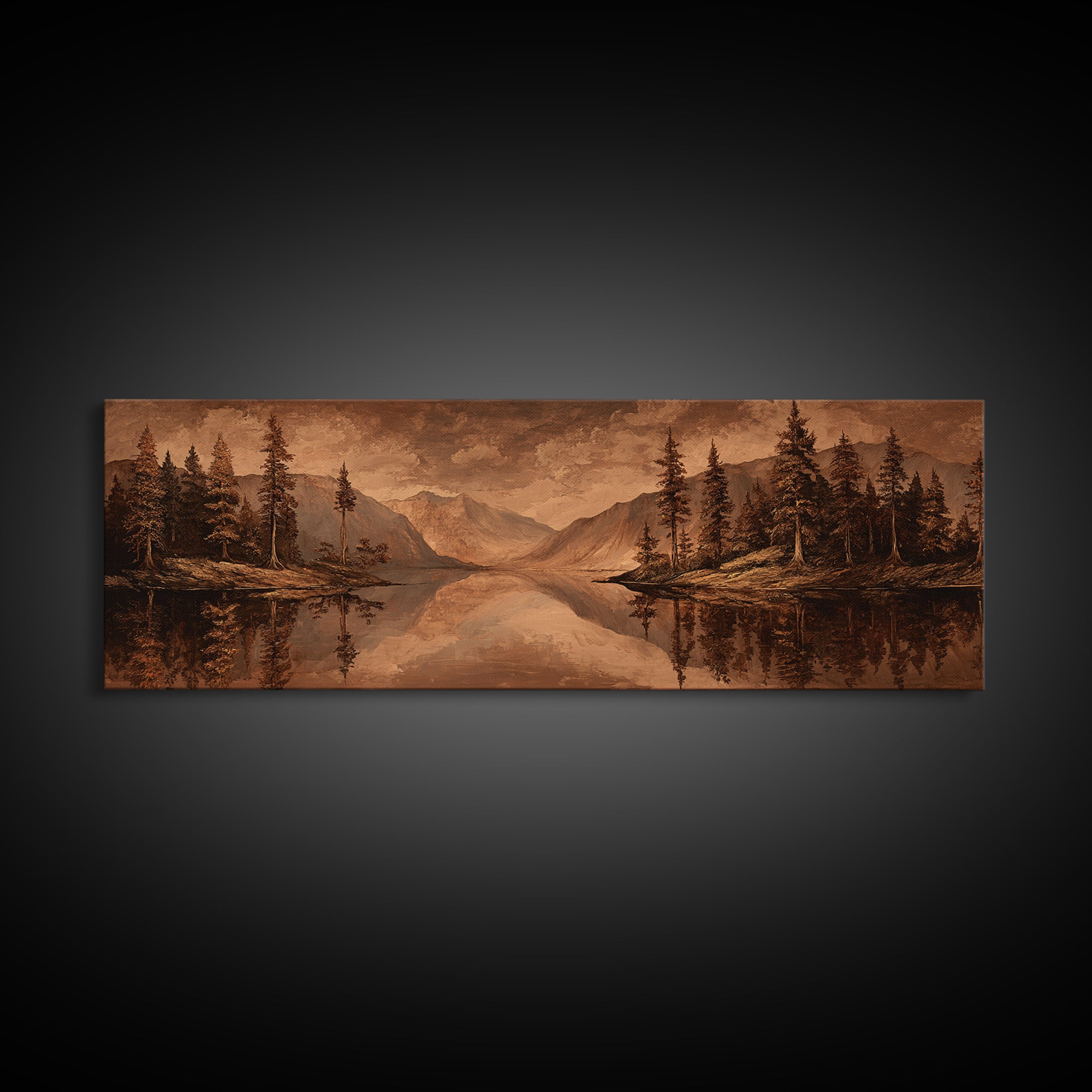 Mountain Lake with Pine Forest Reflection Canvas Print, Traditional Art, Landscape, Living Room Decor, Fine Art, Classic, TRA-3x1-25