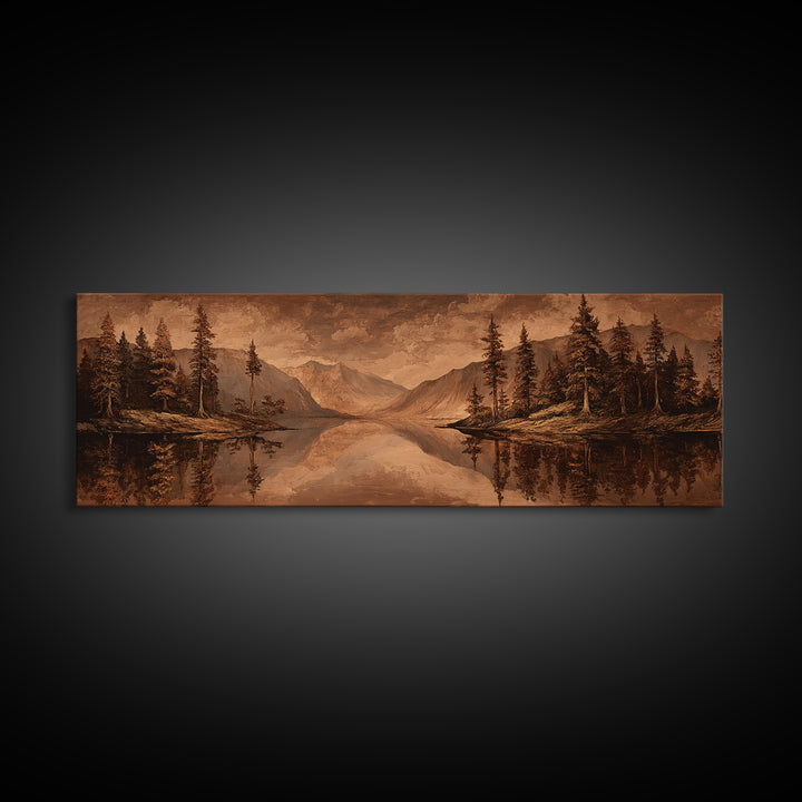 Mountain Lake with Pine Forest Reflection Canvas Print, Traditional Art, Landscape, Living Room Decor, Fine Art, Classic, TRA-3x1-25