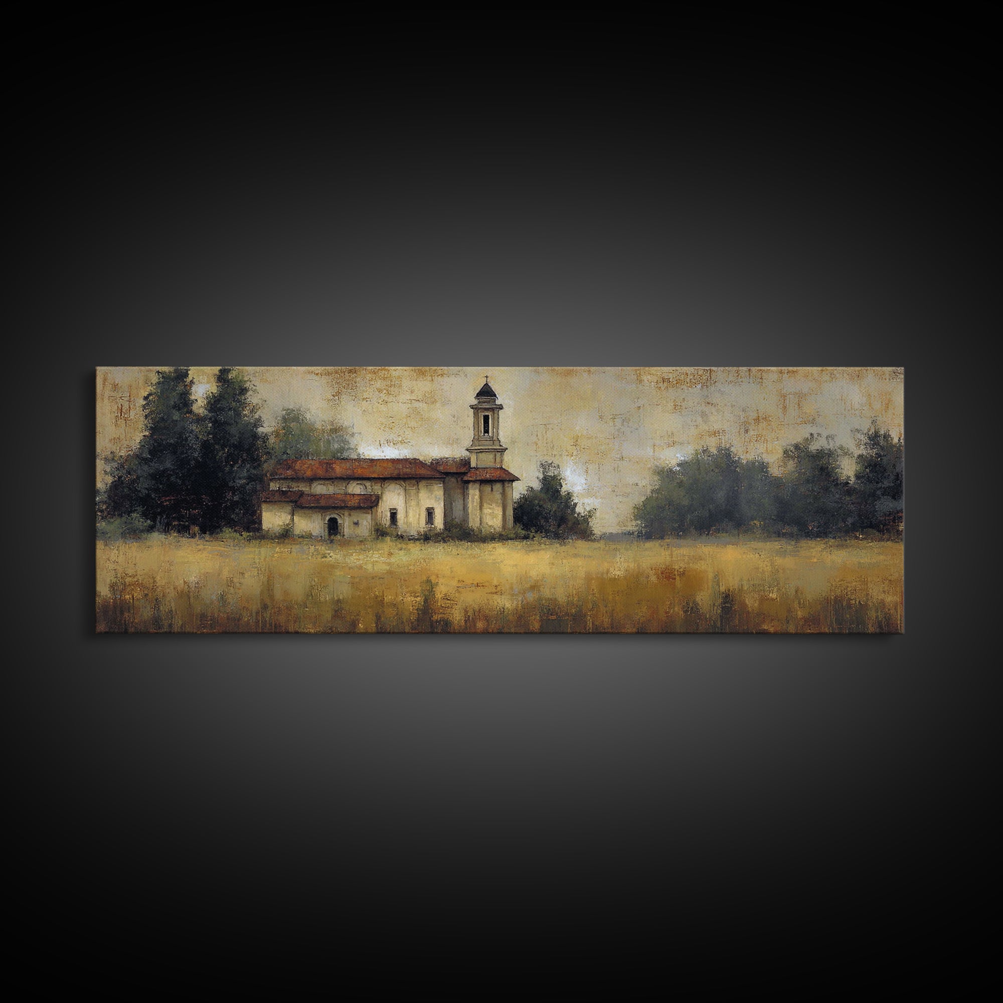Church Steeple Across Rural Meadow Canvas Print, Traditional Art, Furry Art, Living Room Decor, Classic, Fine Art Print, TRA-3x1-29