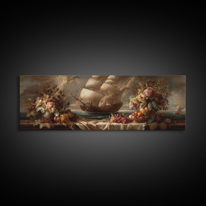 Ship at Sea Canvas Print, Traditional Art, Painting, Living Room Decor, Fine Art, Classic, Art Commissions, Japanese Art, TRA-3x1-30
