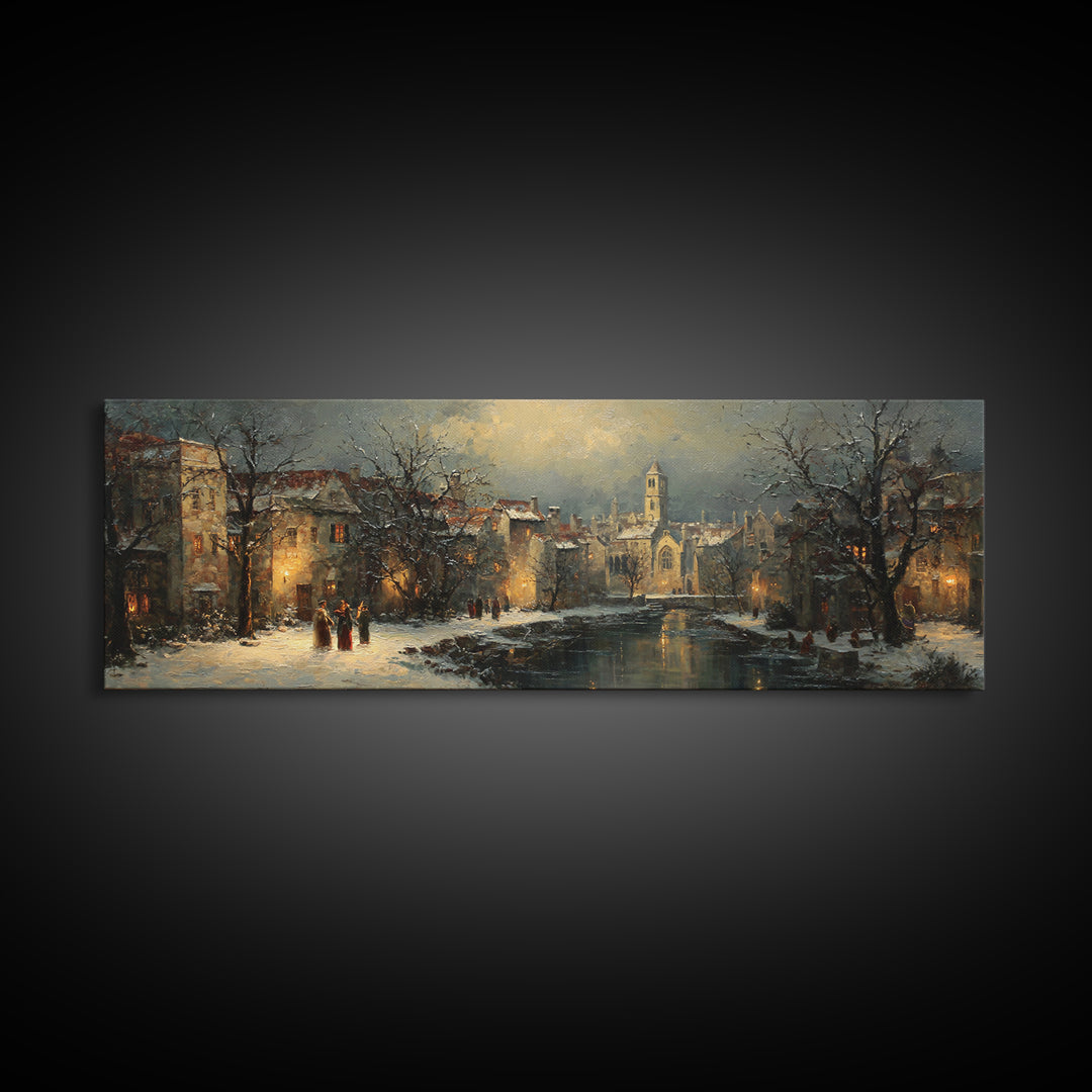 Snowy Village Landscape at Twilight Canvas Print, Traditional Art, Minimalist Decor, Living Room Decor, Oil Painting, Classic, TRA-3x1-35