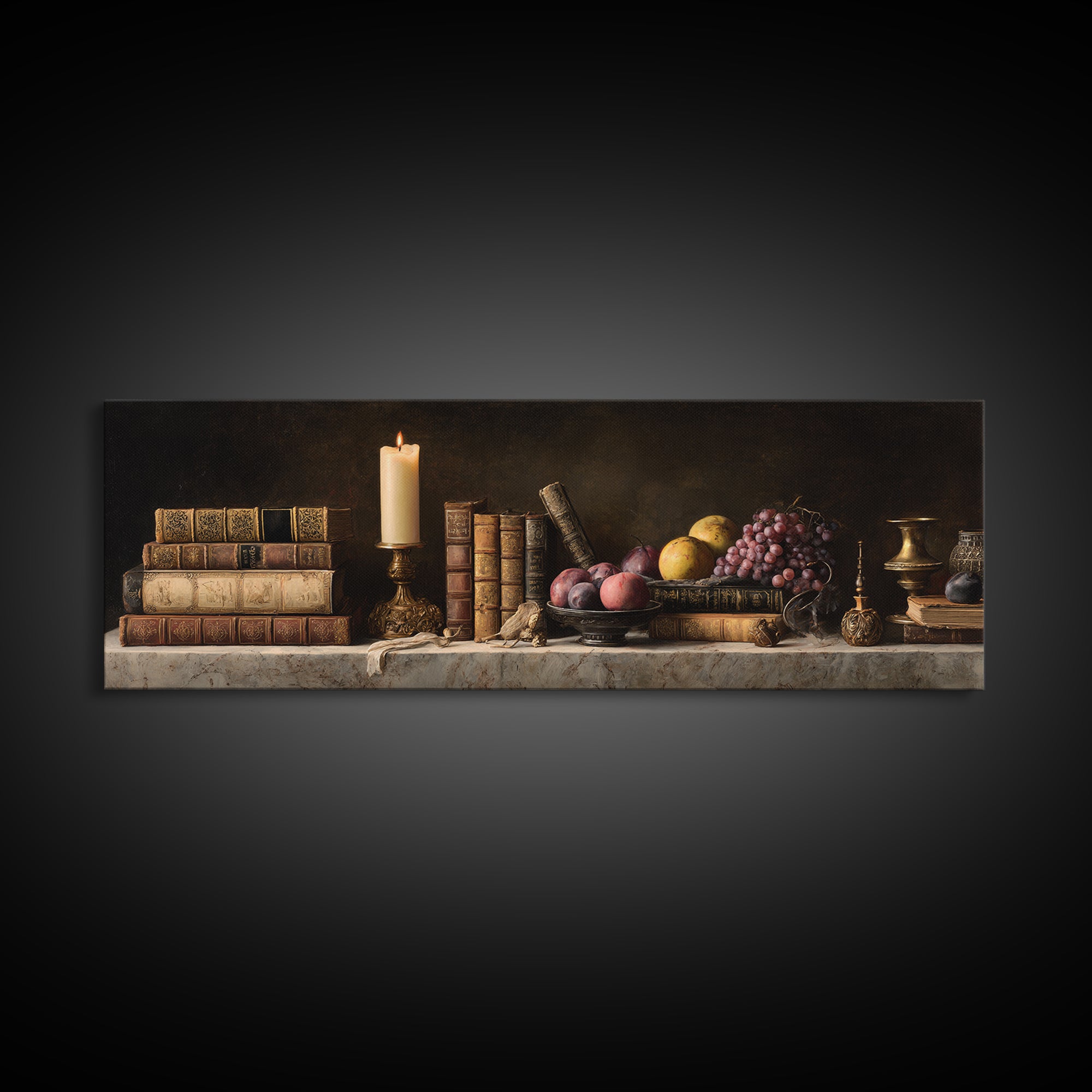 Still Life of Books Candle and Fruit Canvas Print, Traditional Art, Gallery Decor, Living Room Decor, Fine Art, Classic, TRA-3x1-36