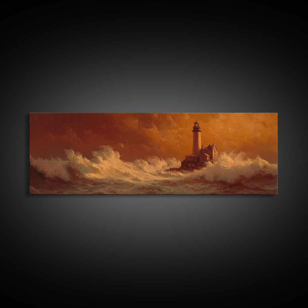 Lighthouse with Crashing Waves Framed Canvas Print, Traditional Art, Indian Wall Art, Living Room Decor, Watercolor Art, TRA-3x1-37
