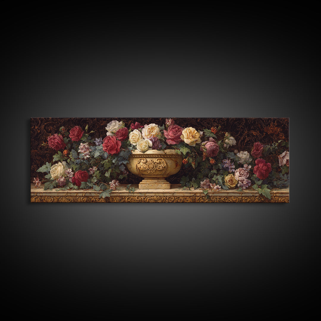 Garden Urn with Roses and Ivy Canvas Print, Traditional Art, Neutral Decor, Living Room Decor, Oil Painting, Classic, TRA-3x1-40