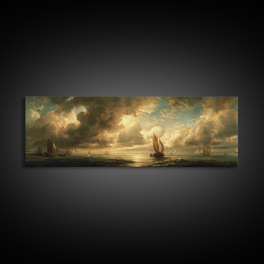 Seascape with Sailboats and Cloudy Sky Canvas Print, Traditional Art, Indian Decor, Living Room Decor, Fine Art, Classic, TRA-3x1-45