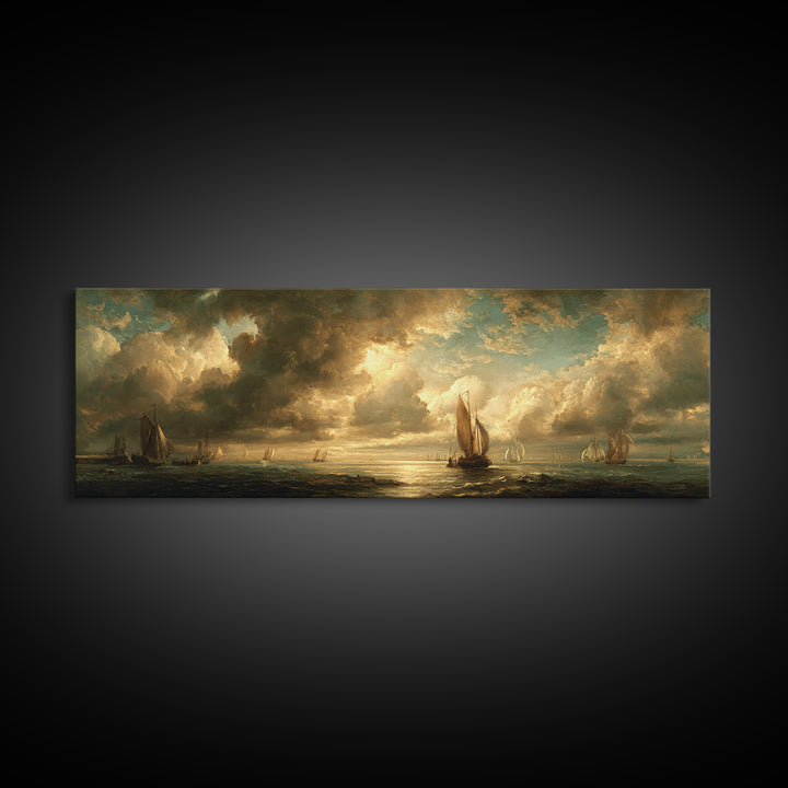 Seascape with Sailboats and Cloudy Sky Canvas Print, Traditional Art, Indian Decor, Living Room Decor, Fine Art, Classic, TRA-3x1-45