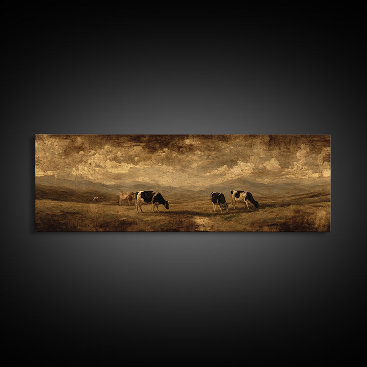 Pastoral Countryside with Cows in Field Framed Canvas Print, Traditional Art, Living Room Decor, Oil Painting, Classic, TRA-3x1-47