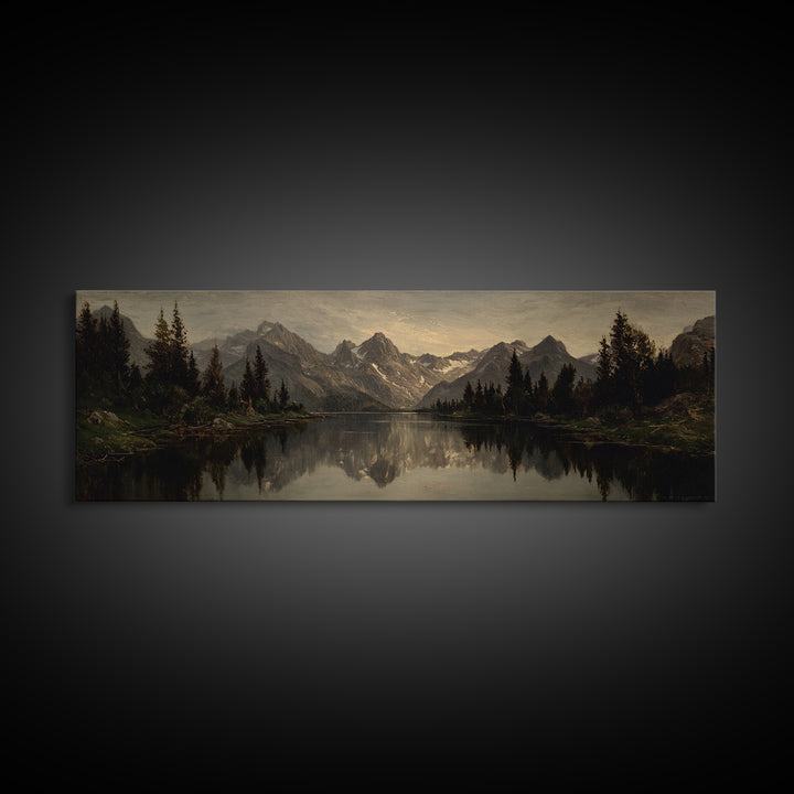 Mountain Lake with Pine Forest Reflection Canvas Print, Traditional Art, Landscape, Living Room Decor, Fine Art, Classic, TRA-3x1-49