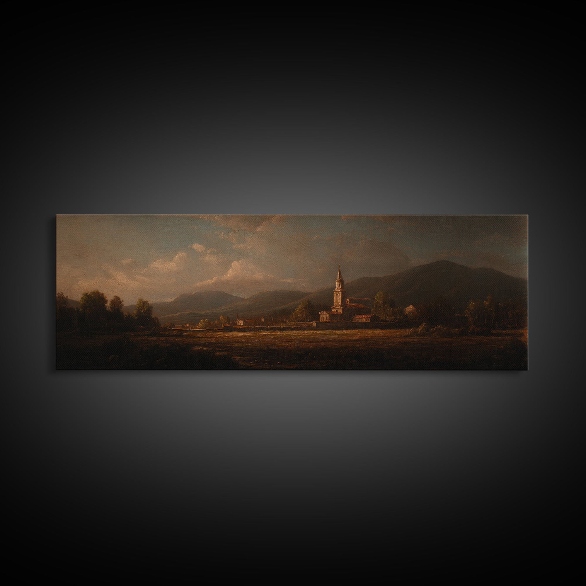 Church Steeple Across Rural Meadow Framed Canvas Print, Traditional Art, Printable Art, Living Room Decor, Watercolor Art, TRA-3x1-5