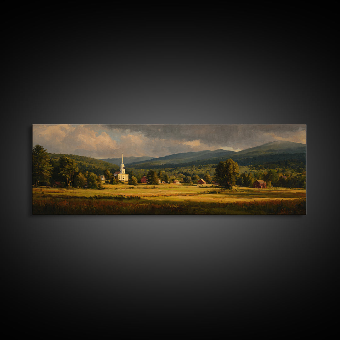 Church Steeple Across Rural Meadow Framed Canvas Print, Traditional Art, Indian Art, Living Room Decor, Oil Painting, Classic, TRA-3x1-53