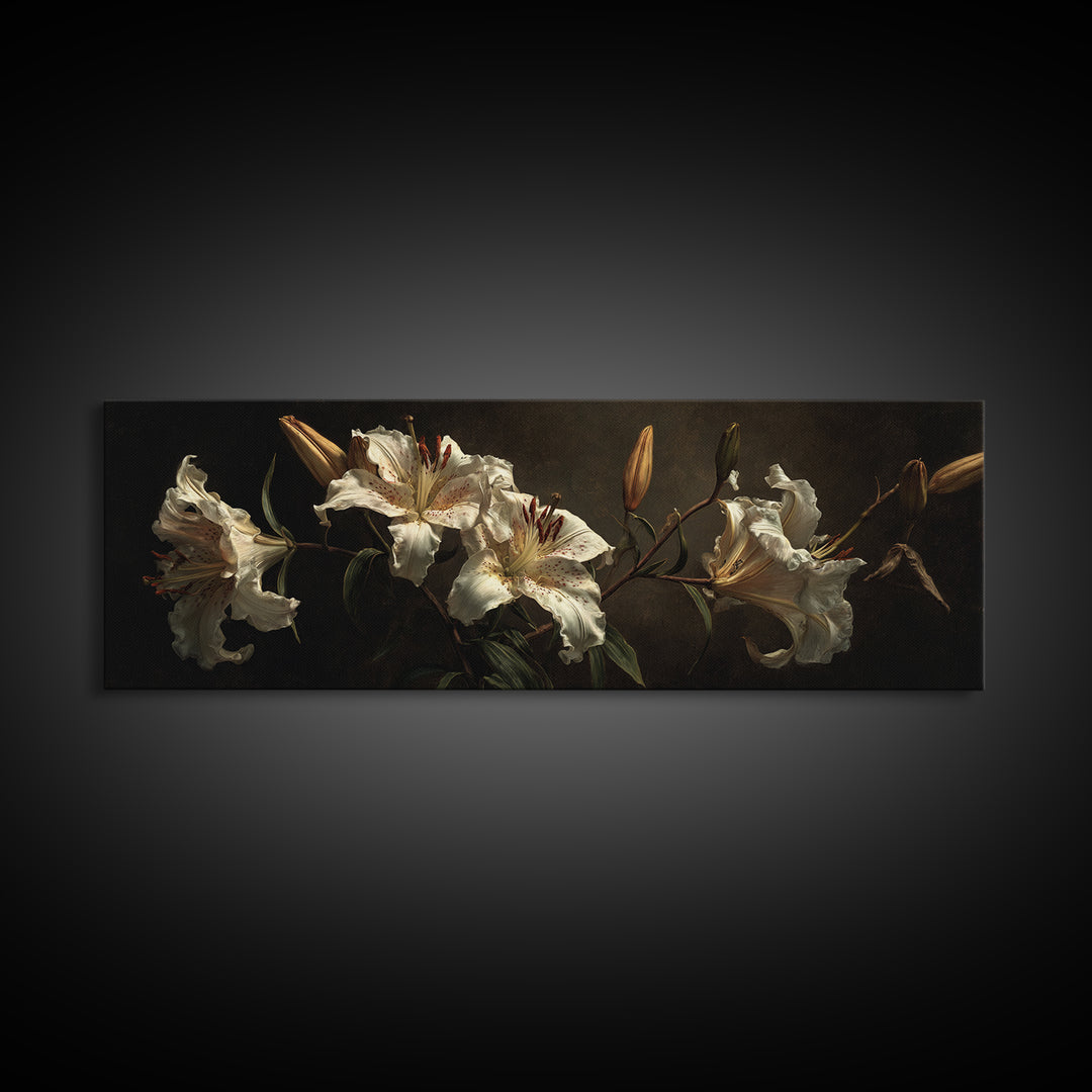 White Lilies on Dark Background Framed Canvas Print, Traditional Art, Art, Living Room Decor, Fine Art, Classic, Printable Art, TRA-3x1-55