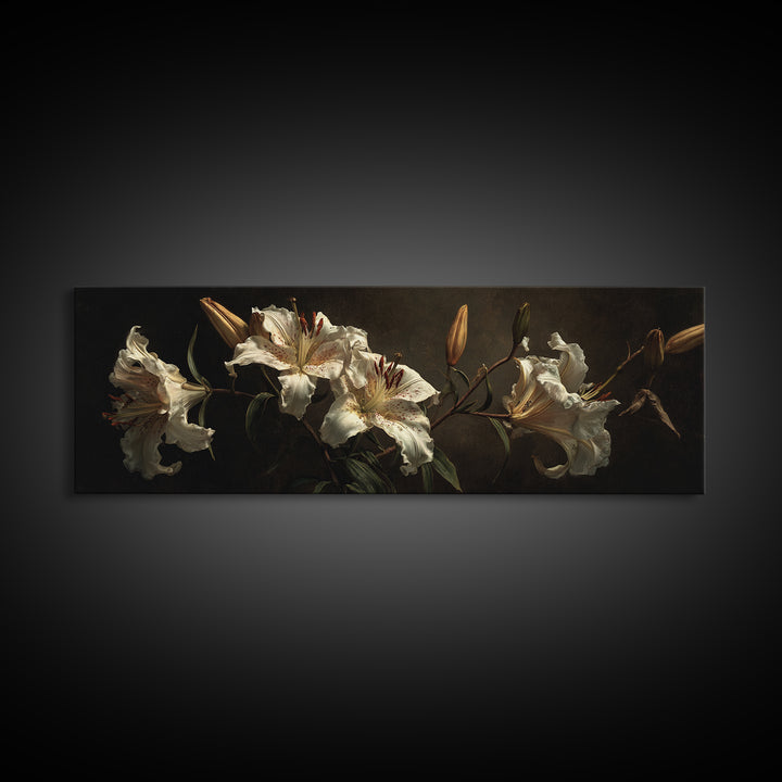 White Lilies on Dark Background Framed Canvas Print, Traditional Art, Art, Living Room Decor, Fine Art, Classic, Printable Art, TRA-3x1-55