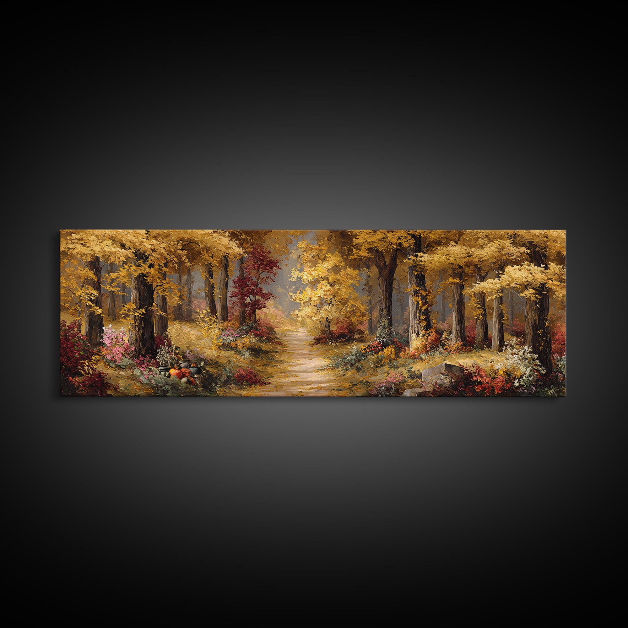 Autumn Forest Road Framed Canvas Print, Traditional Art, Minimalist Decor, Living Room Decor, Oil Painting, Classic, Boho, TRA-3x1-56