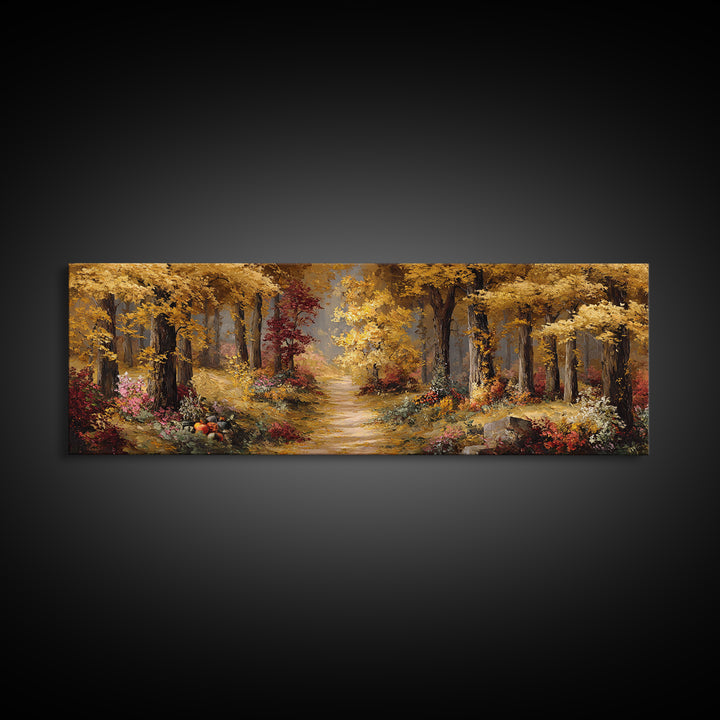 Autumn Forest Road Framed Canvas Print, Traditional Art, Minimalist Decor, Living Room Decor, Oil Painting, Classic, Boho, TRA-3x1-56