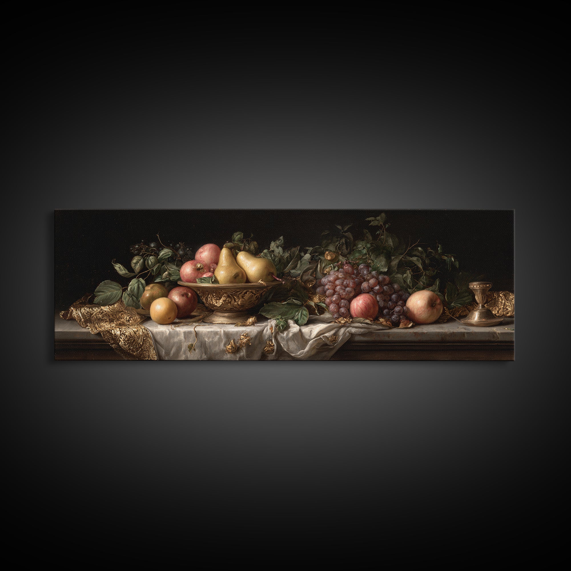 Basket of Apples and Pears on Linen Framed Canvas Print, Traditional Art, Art Commissions, Living Room Decor, Fine Art, Classic, TRA-3x1-58