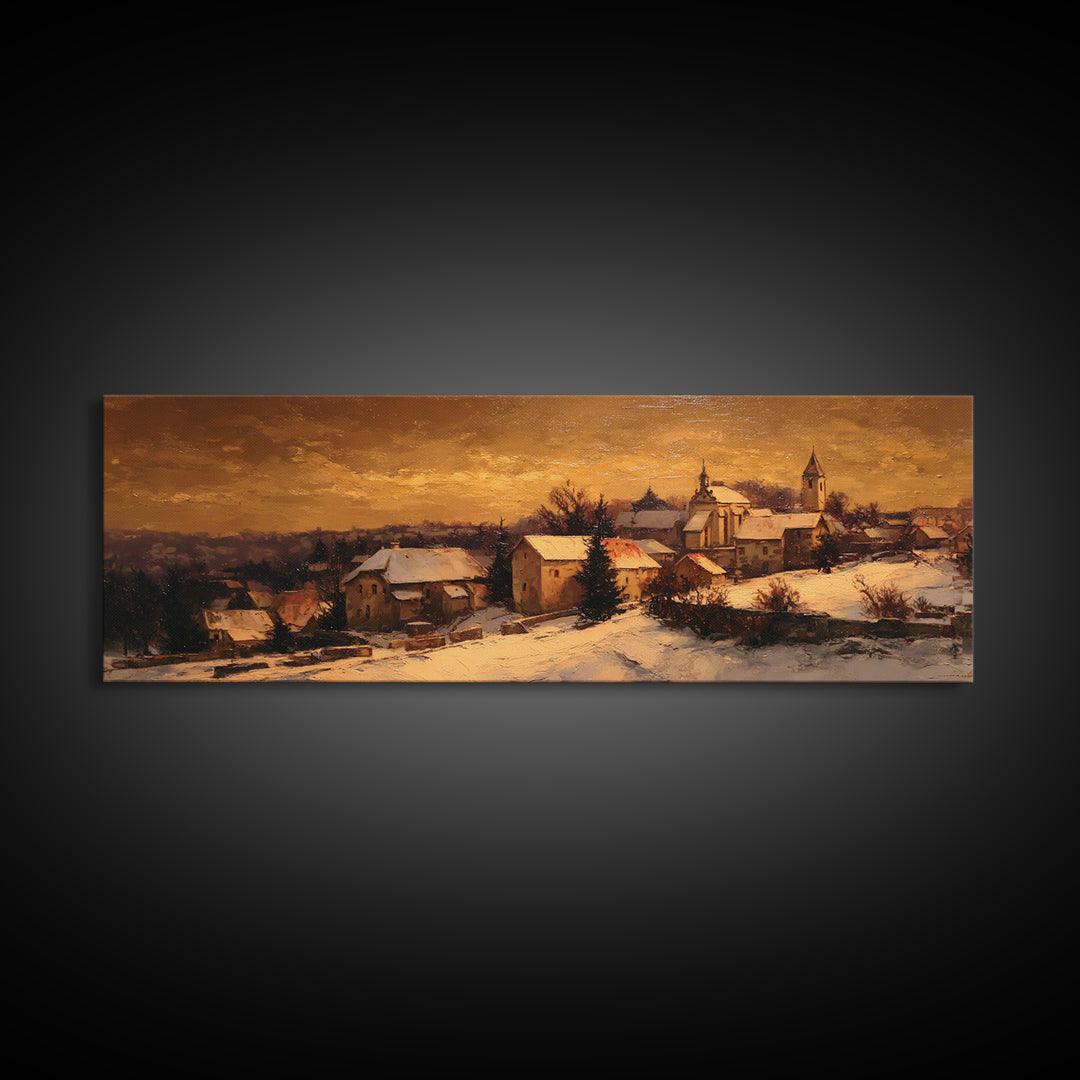 Snowy Village Landscape at Twilight Framed Canvas Print, Traditional Art, Wall Decor, Living Room Decor, Fine Art, Classic, TRA-3x1-59