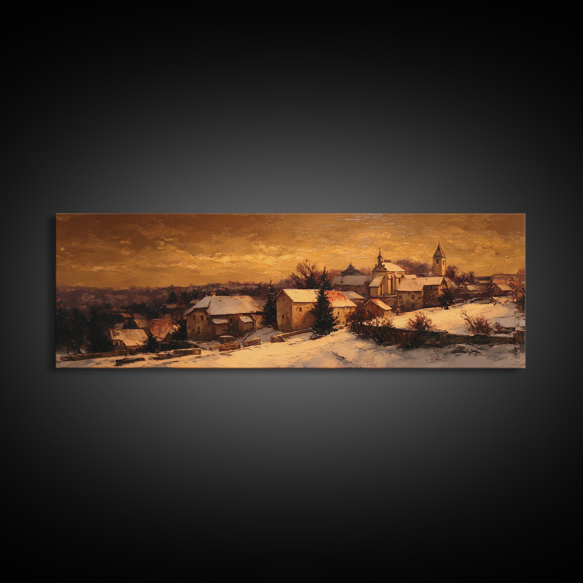 Snowy Village Landscape at Twilight Framed Canvas Print, Traditional Art, Wall Decor, Living Room Decor, Fine Art, Classic, TRA-3x1-59