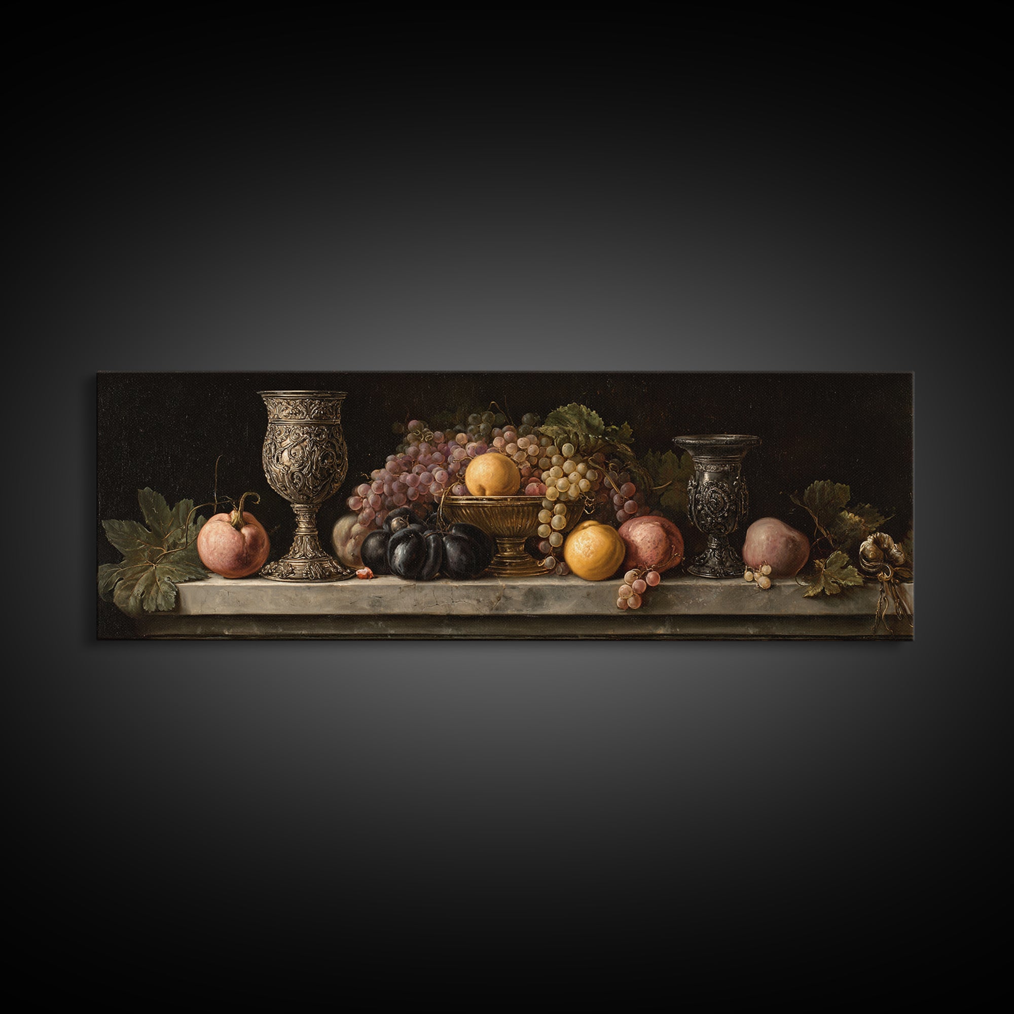 Dutch Fruit and Silver Goblet Still Life Framed Canvas Print, Traditional Art, Living Room Decor, Watercolor Art, Classic, TRA-3x1-68