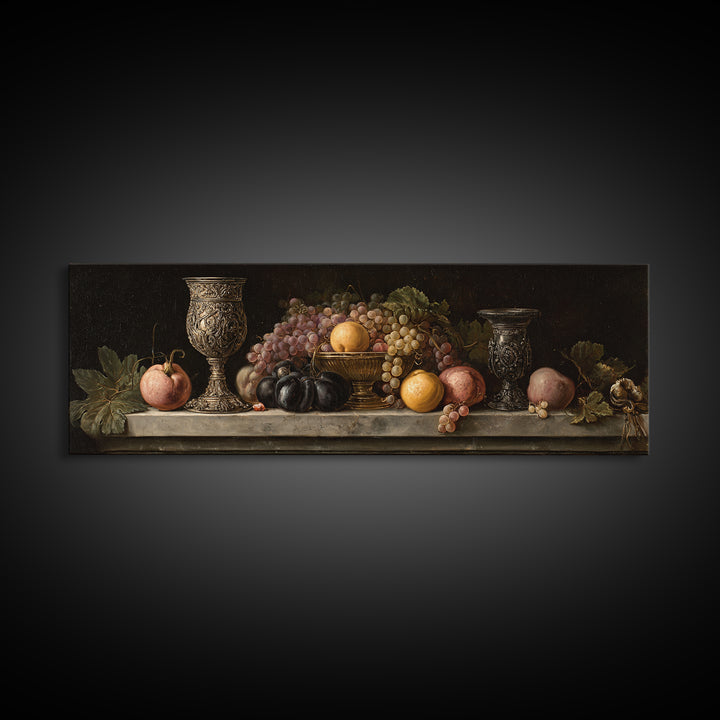 Dutch Fruit and Silver Goblet Still Life Framed Canvas Print, Traditional Art, Living Room Decor, Watercolor Art, Classic, TRA-3x1-68