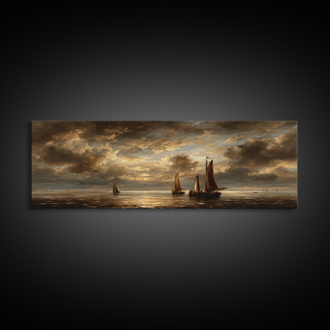 Seascape with Sailboats and Cloudy Sky Framed Canvas Print, Traditional Art, Gallery Decor, Living Room Decor, Classic, TRA-3x1-69