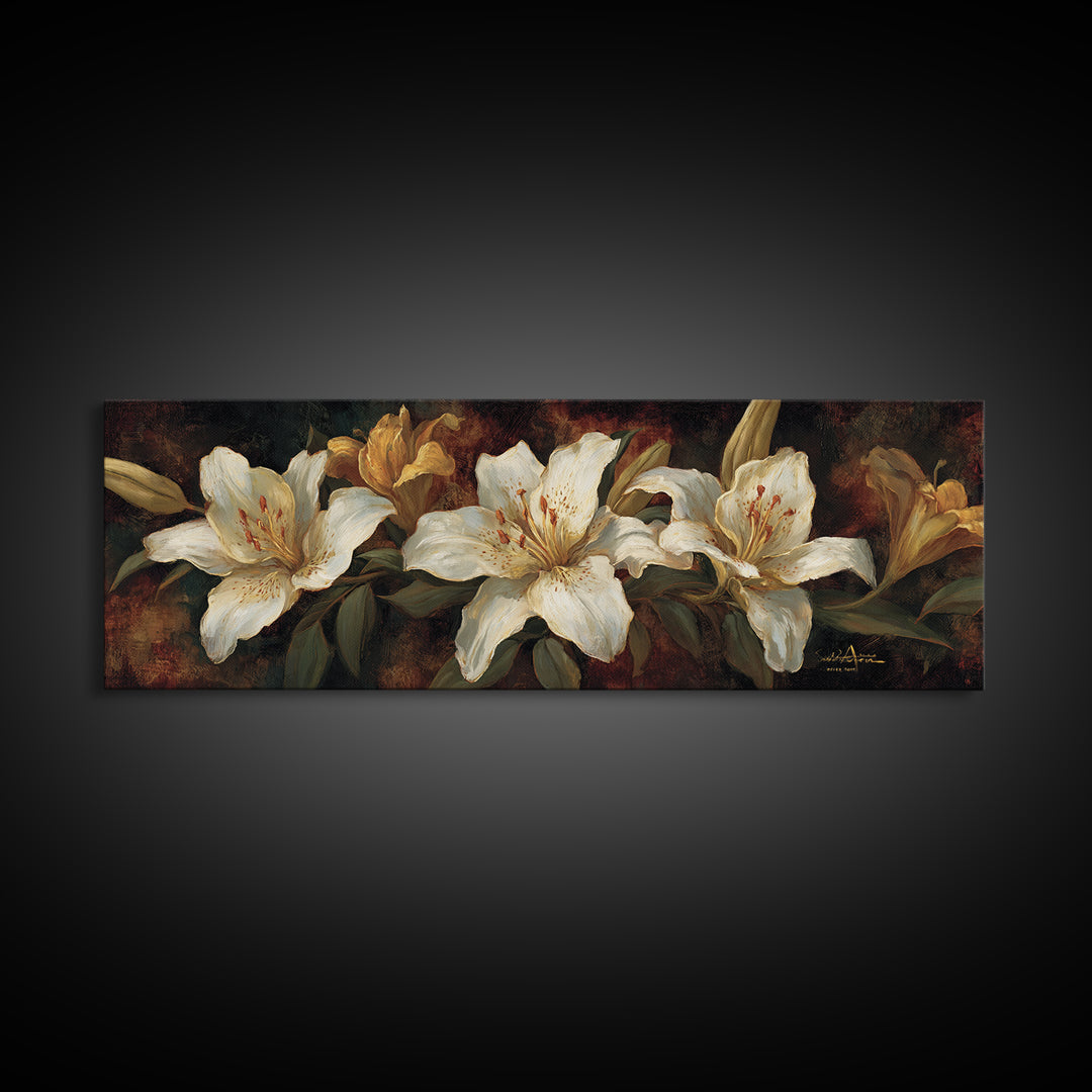 White Lilies on Dark Background Framed Canvas Print, Traditional Art, Statement Artwork, Living Room Decor, Fine Art, Classic, TRA-3x1-7