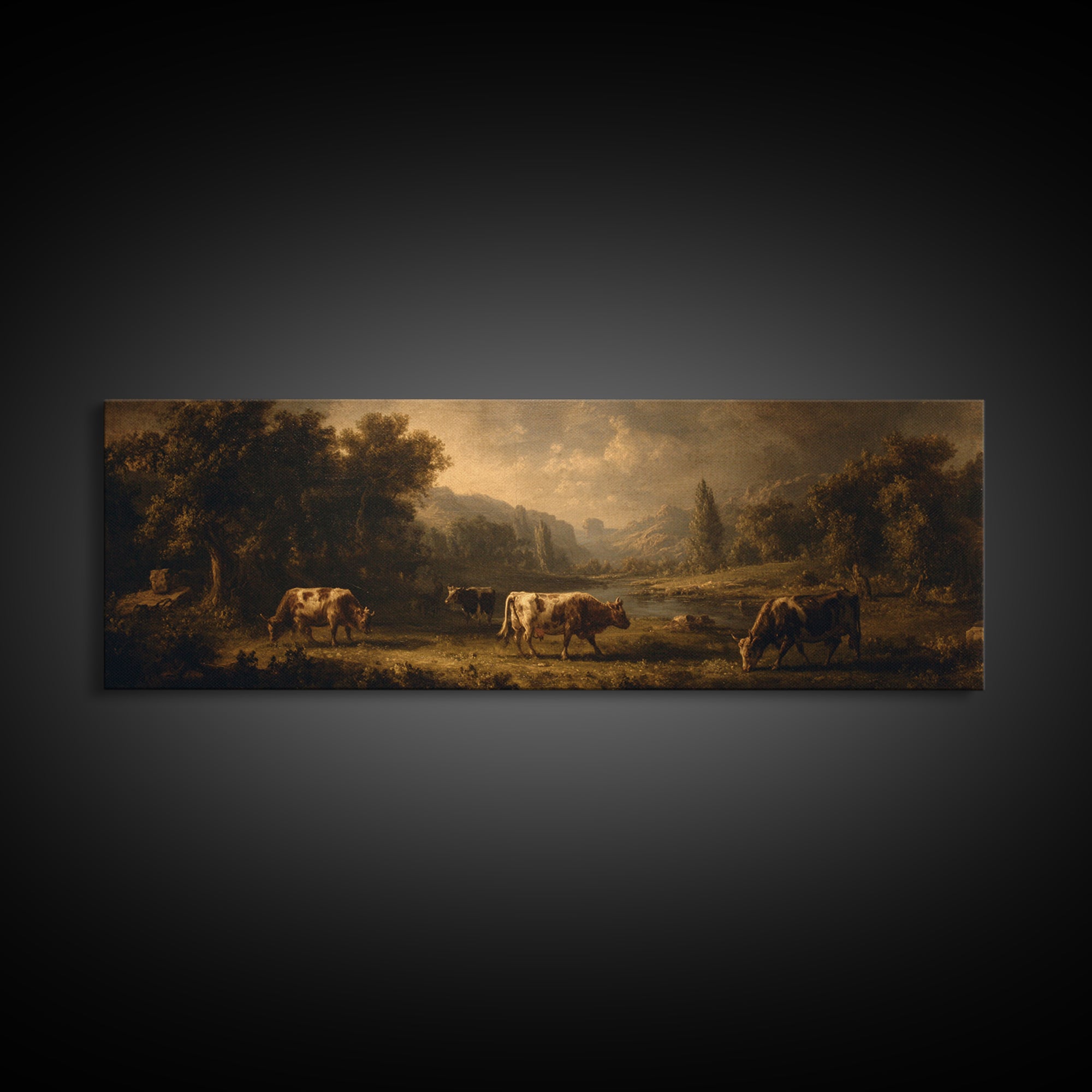 Pastoral Countryside with Cows in Field Canvas Print, Traditional Art, Artwork, Living Room Decor, Fine Art, Classic, TRA-3x1-71
