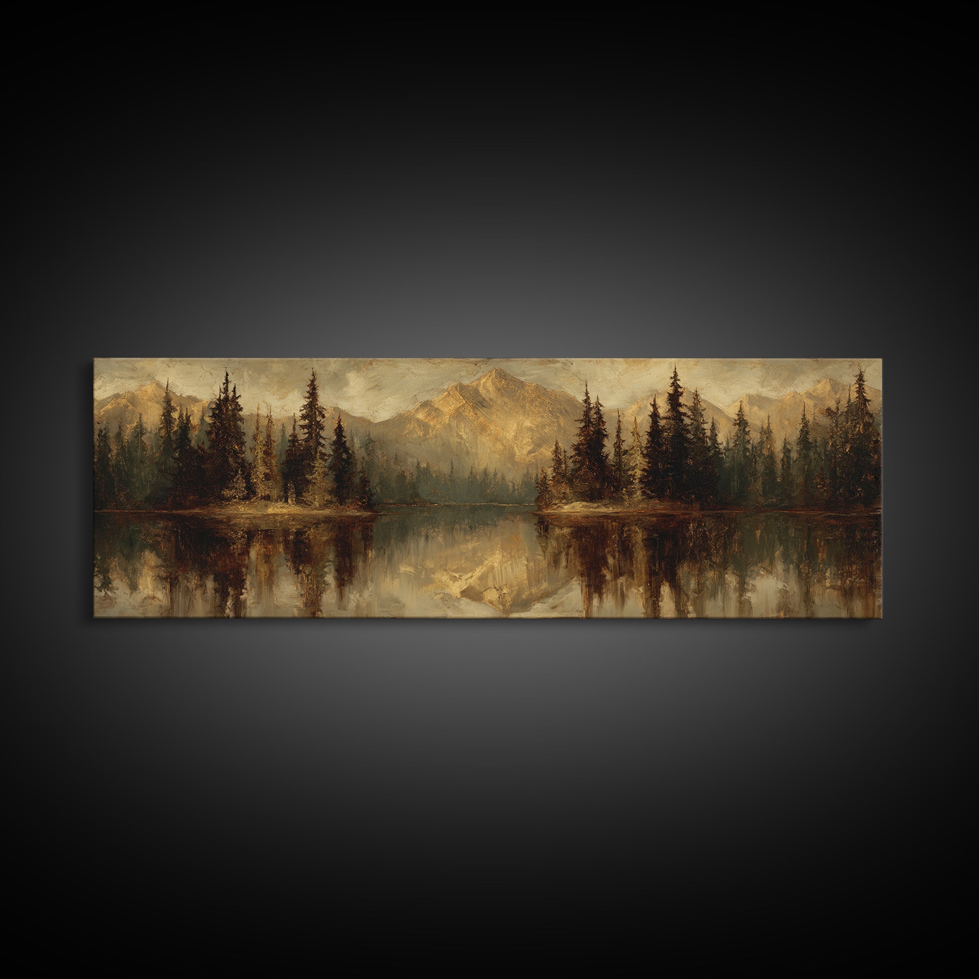 Mountain Lake with Pine Forest Reflection Framed Canvas Print, Traditional Art, Neutral Decor, Living Room Decor, Oil Painting, TRA-3x1-73