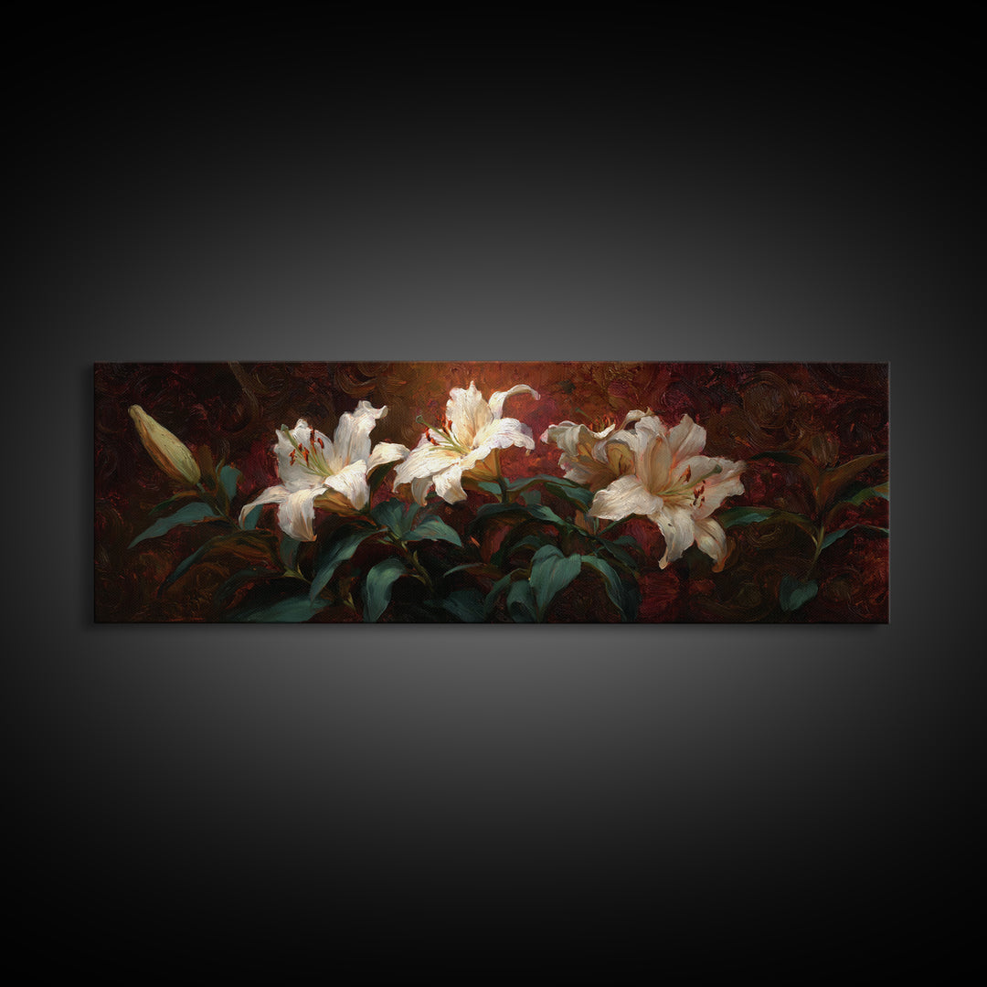 White Lilies on Dark Background Framed Canvas Print, Traditional Art, Digital Print, Living Room Decor, Oil Painting, Classic, TRA-3x1-79