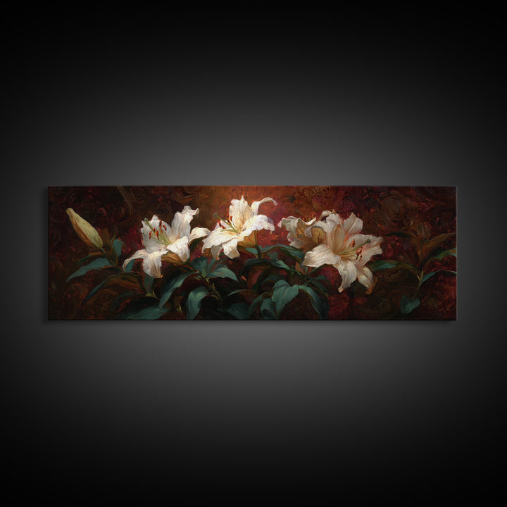 White Lilies on Dark Background Framed Canvas Print, Traditional Art, Digital Print, Living Room Decor, Oil Painting, Classic, TRA-3x1-79