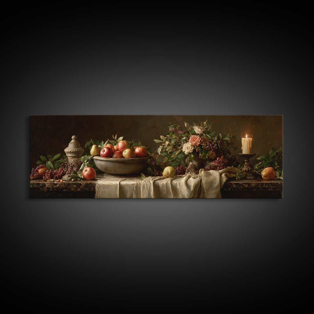 Basket of Apples and Pears on Linen Framed Canvas Print, Traditional Art, Art Commissions, Living Room Decor, Fine Art, Classic, TRA-3x1-82
