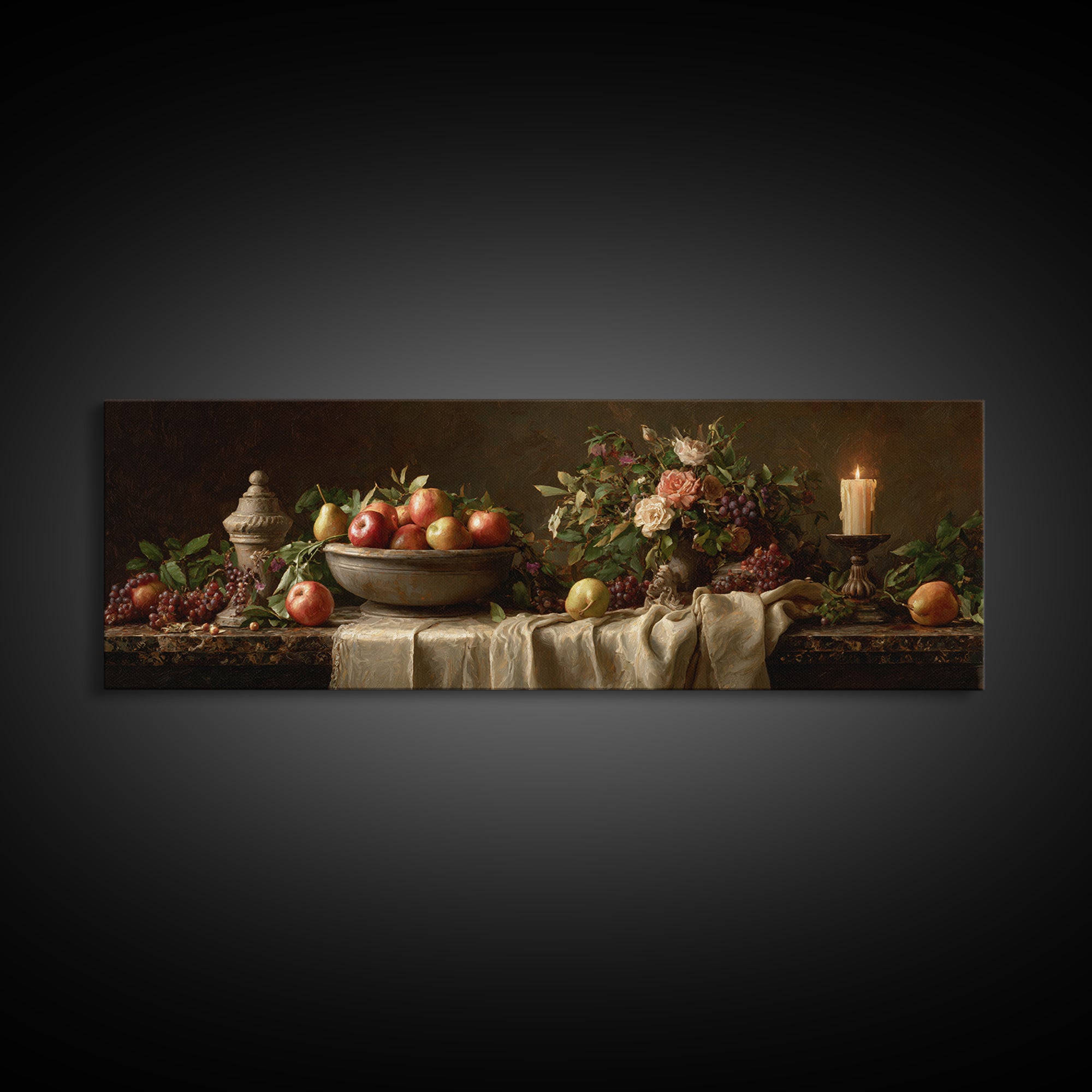 Basket of Apples and Pears on Linen Framed Canvas Print, Traditional Art, Art Commissions, Living Room Decor, Fine Art, Classic, TRA-3x1-82
