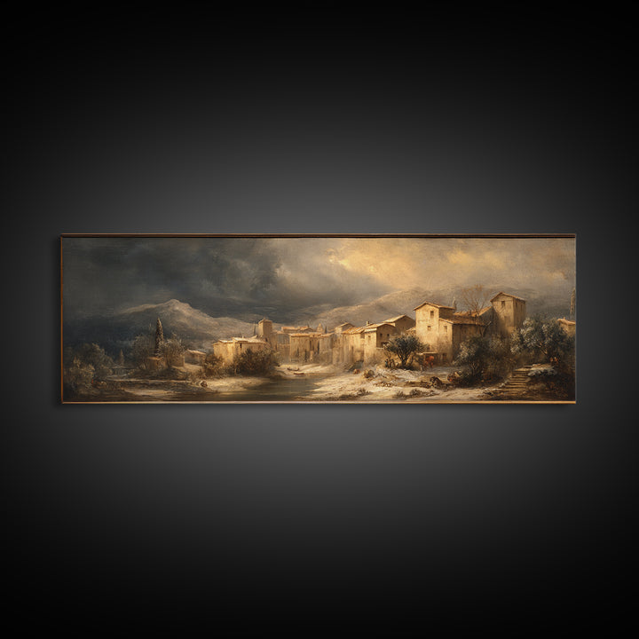 Snowy Village Landscape at Twilight Canvas Print, Traditional Art, Art Commission, Living Room Decor, Fine Art, Classic, TRA-3x1-83