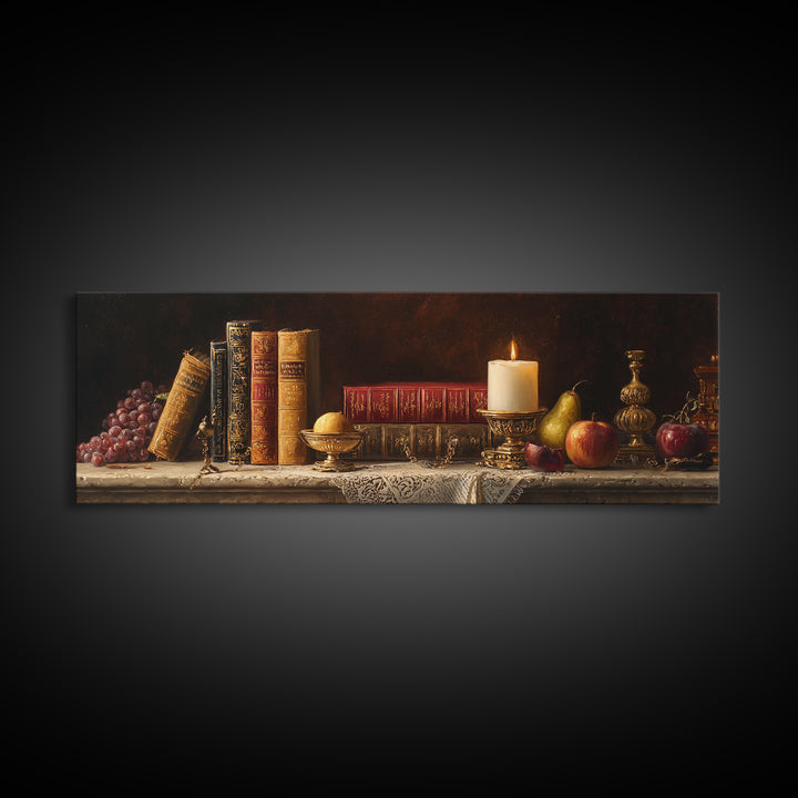 Still Life of Books Candle and Fruit Framed Canvas Print, Traditional Art, Painting, Living Room Decor, Fine Art, Classic, TRA-3x1-84