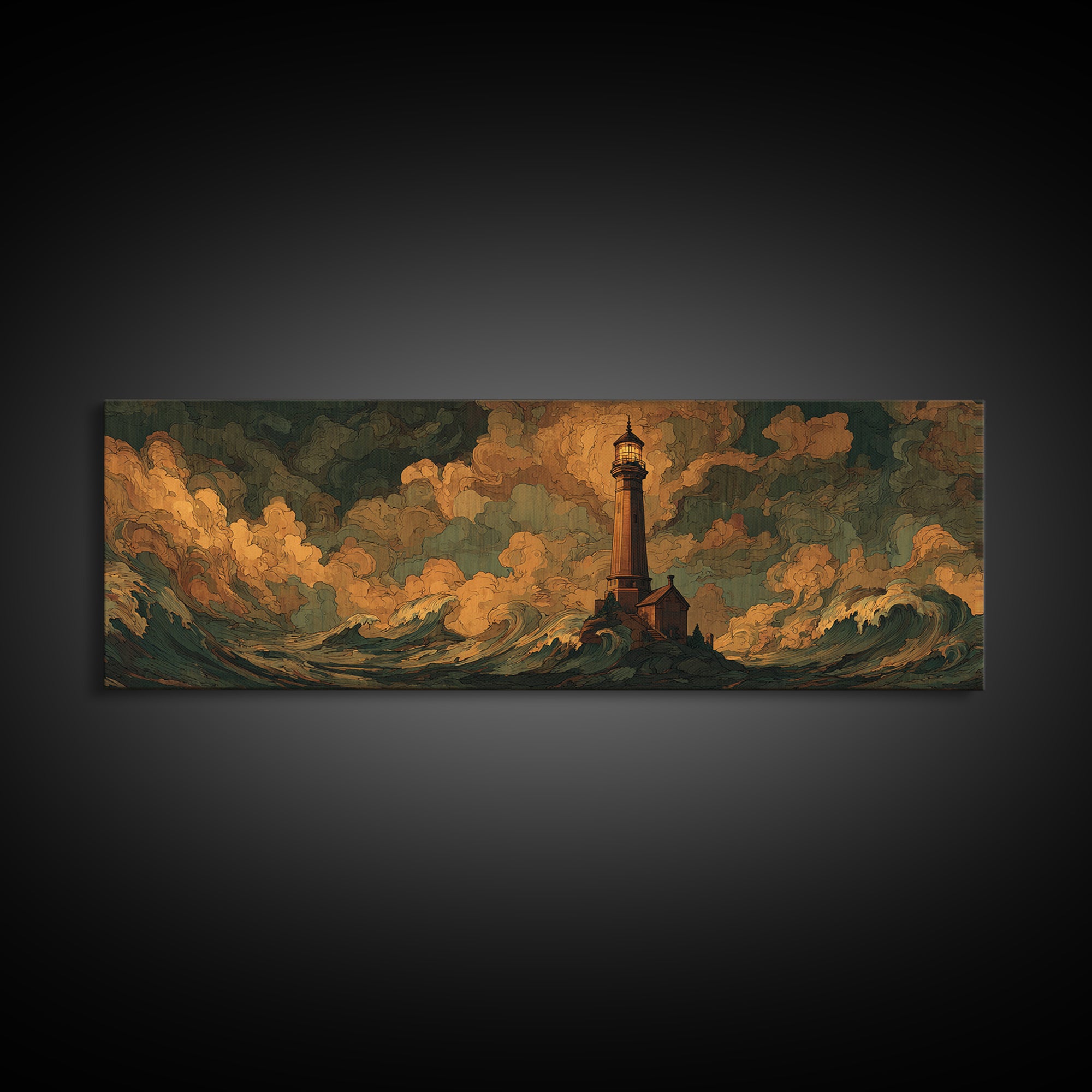 Lighthouse with Crashing Waves Canvas Print, Traditional Art, Dark Art, Living Room Decor, Oil Painting, Classic, TRA-3x1-85